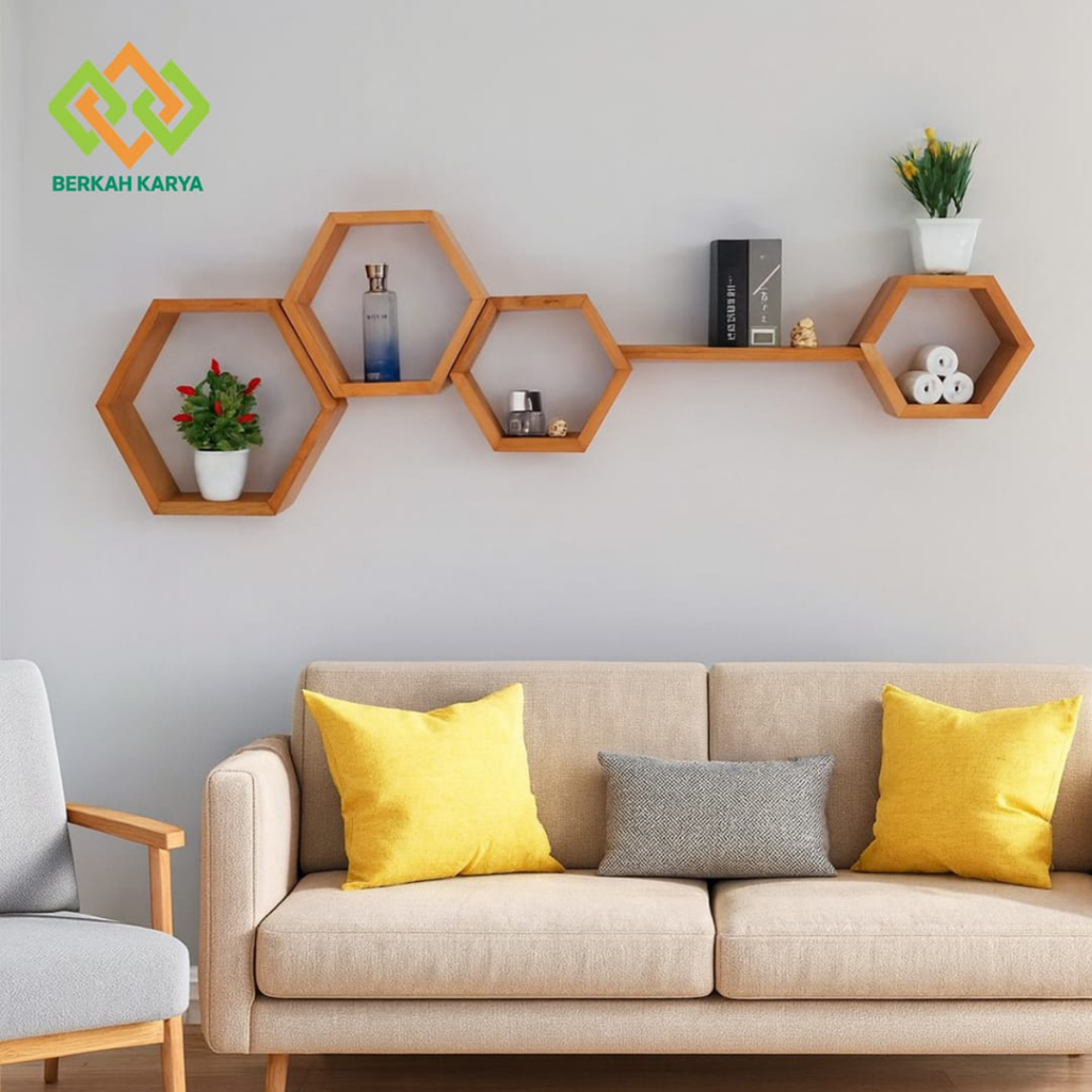Rak Dinding Kayu Aesthetic Hexagonal Minimalis Dekorasi Dinding