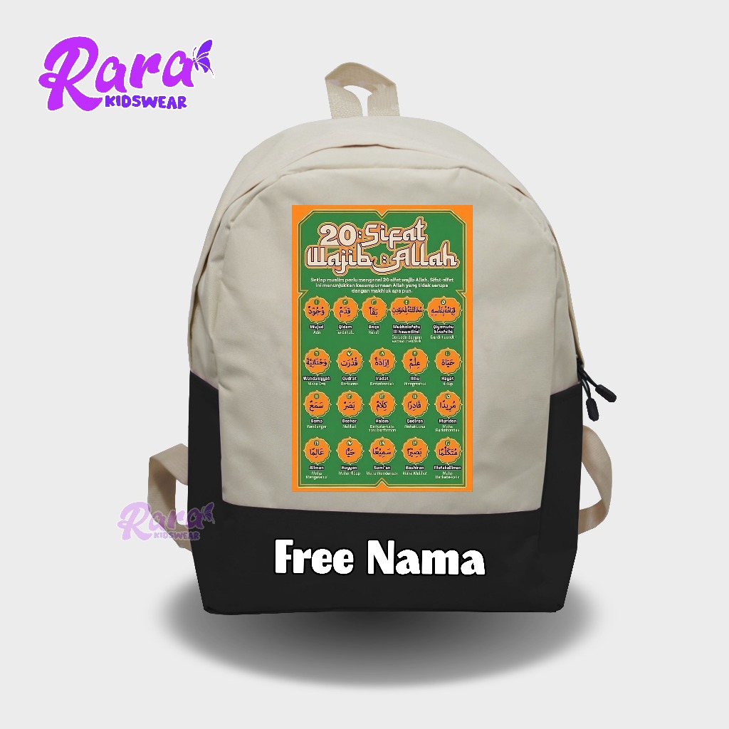 Tas Ransel Anak Gratis Nama Motif Poster Nama 20 Sifat Wajib Allah - Tas Backpack Anak Sekolah/Menga