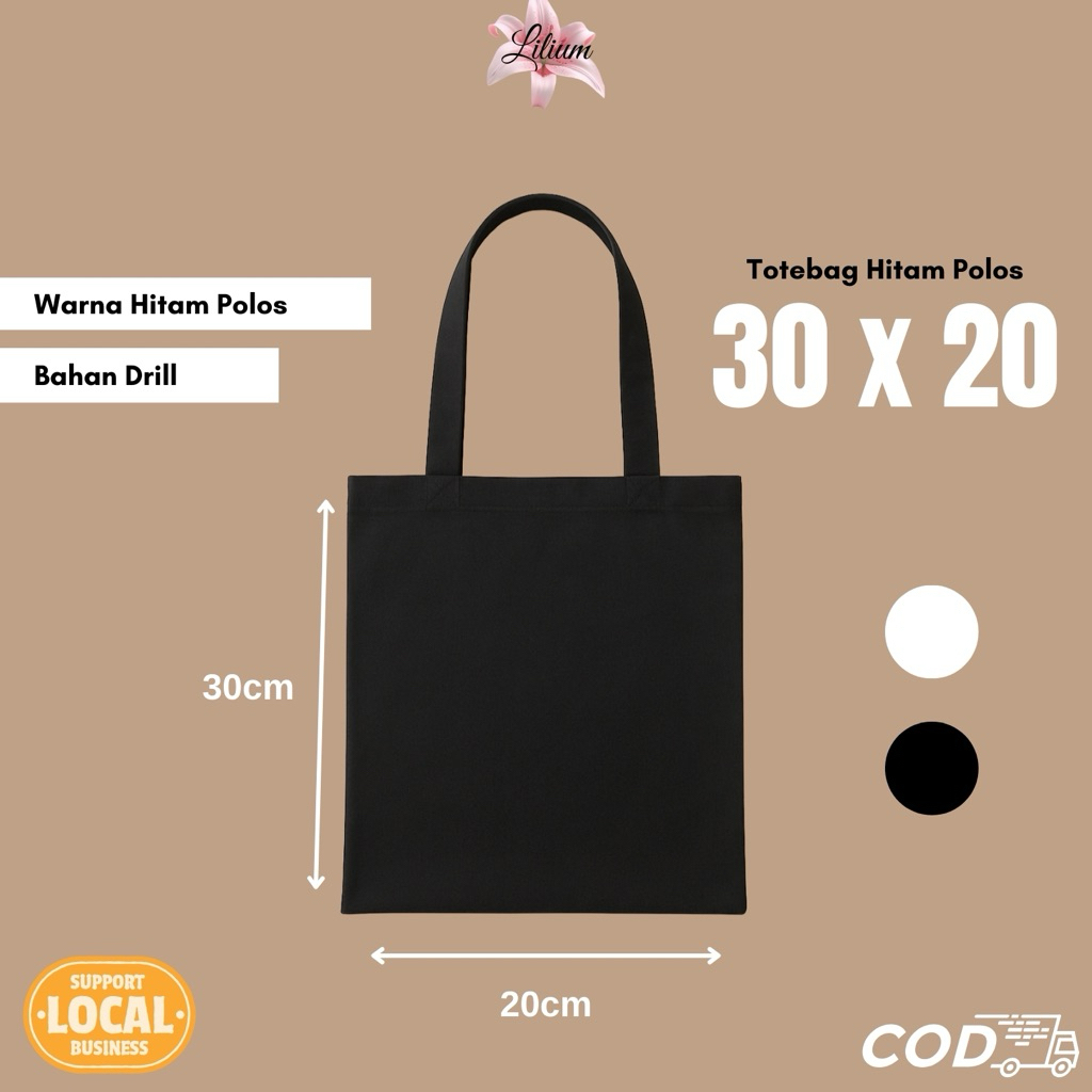 Totebag Hitam Polos 30 x 20 | Totebag Berbagai Ukuran | Totebag | Totebag Drill | Totebag Polos | To