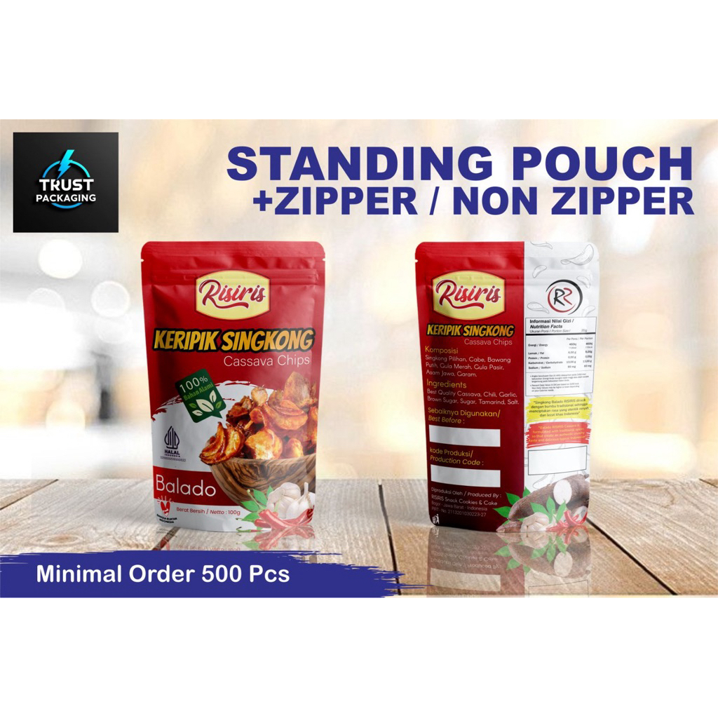 

Cetak Kemasan standing pouch custom non ziplock minimal order 500 pcs