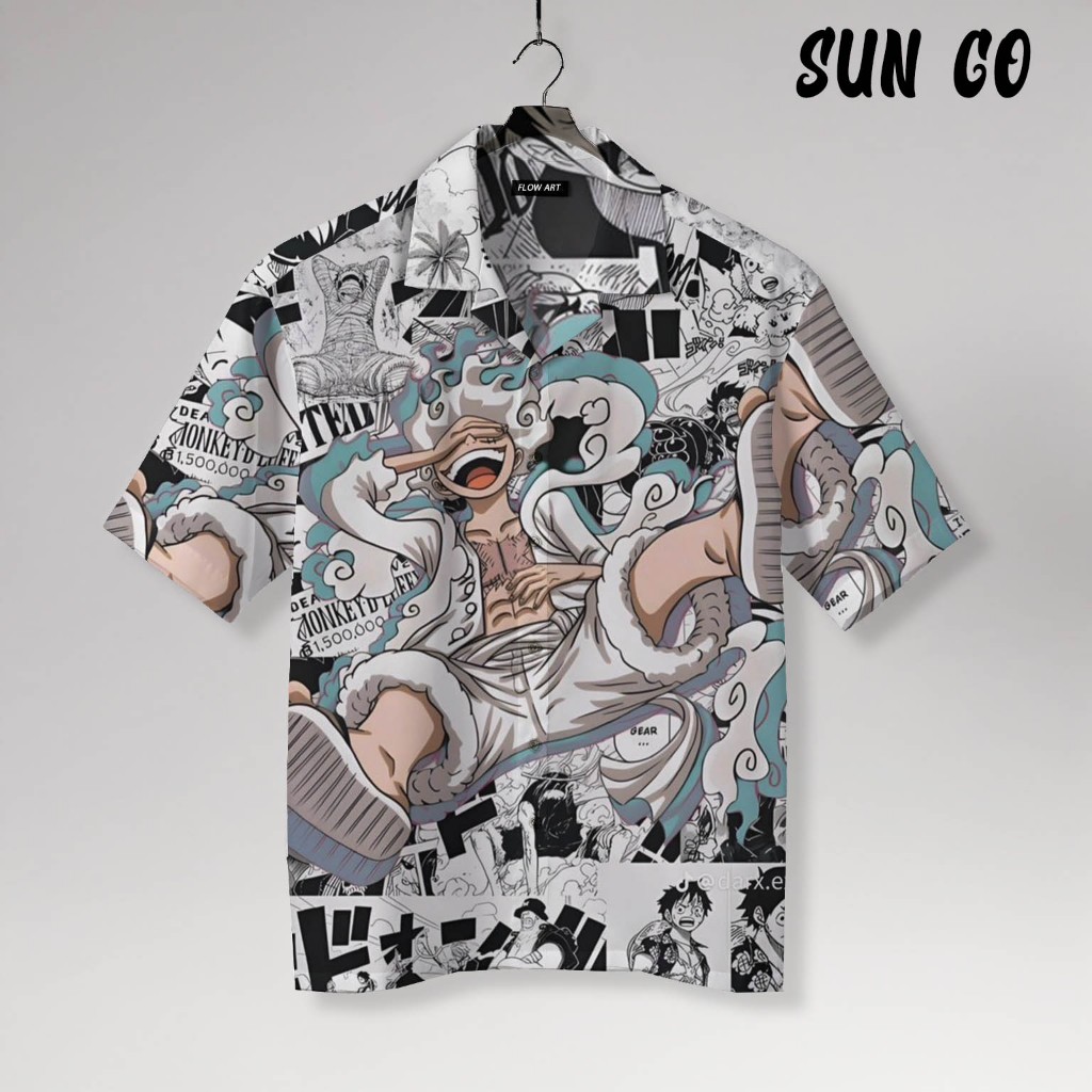 SUN CO Kemeja Anime One Piece Luffy Gear 5 - Baju Sun God Nika Lengan Pendek Unisex | SG63
