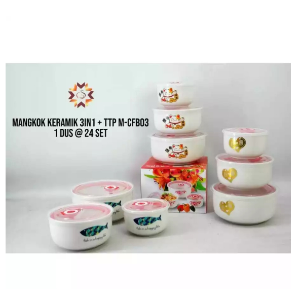 Mangkok Keramik Susun Tutup Anti-Bocor/ Mangkok Keramik 3IN 1 + Tutup/ Mangkok Set Souvenir