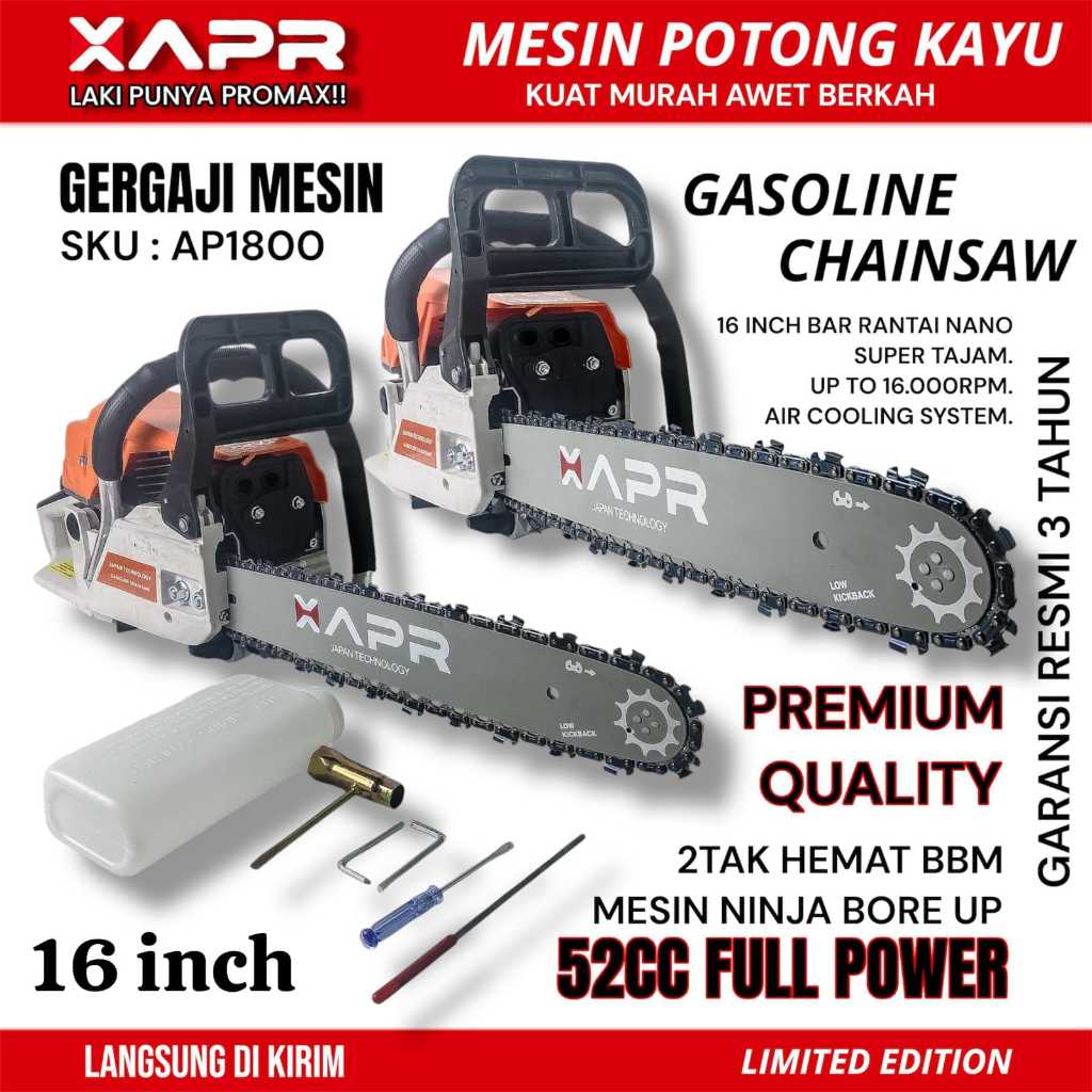 APR Senso 16inch chainsaw XAPR chainsaw mesin gergaji kayu 2tak 52cc garansi APR AP1800 GARANSI 5THN