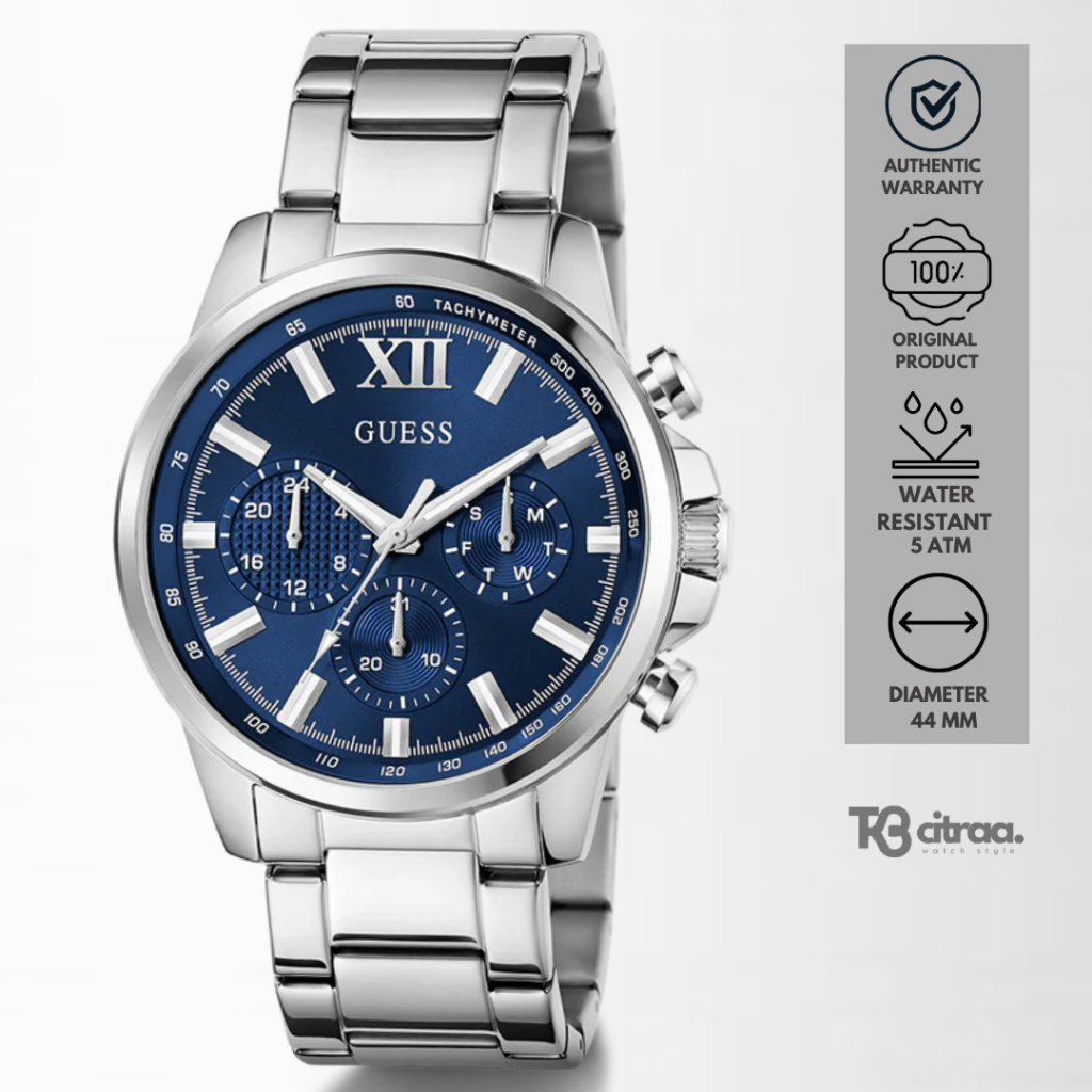 Jam Tangan Pria Guess Walker Multifunction Chronograph Silver Stainless Steel Blue Dial Mewah Sporty