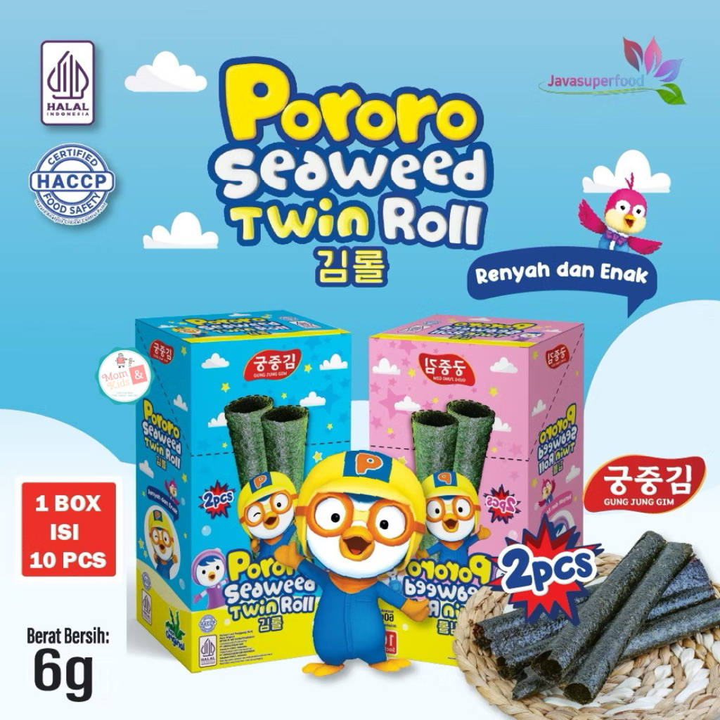 

PORORO SEAWEED TWIN ROLL 1 BOX (ISI 10 PCS) | DOUBLE NORI ROLL | SNACK RUMPUT LAUT (10X6G)