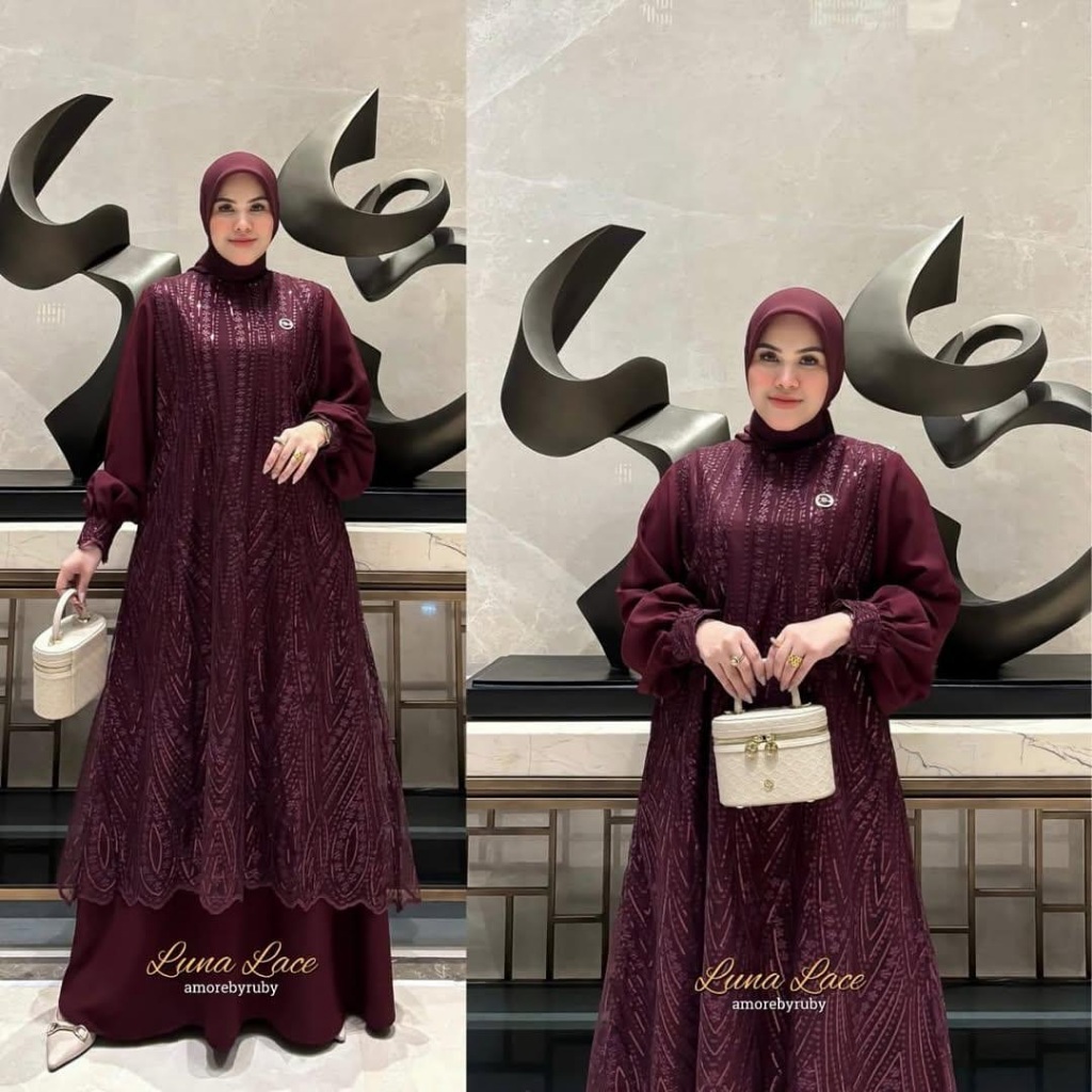 sweetsallyfashion Lunna Lace Baju Gamis Kondangan Kekinian Bahan Ceruty Babydoll Aplikasi Brukat