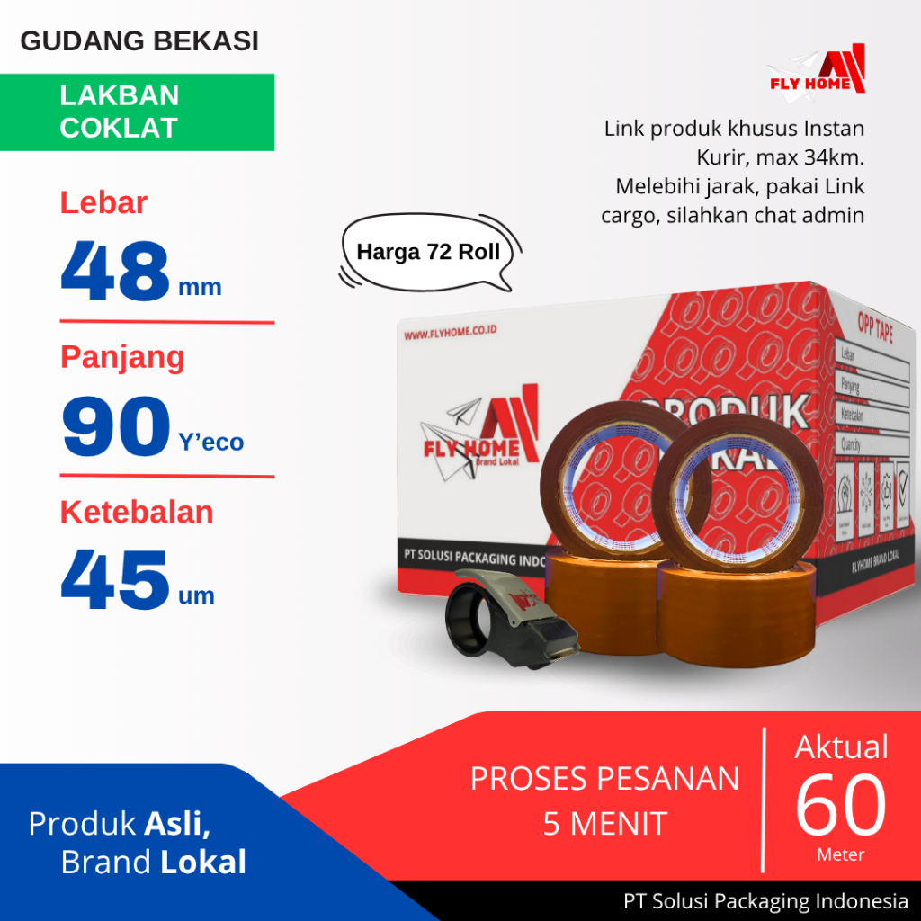 

FLYHOME 1Dus Lakban Coklat 48x90Y 2inchi Solasi Uk Besar 72Roll ECO 90 yard INSTAN
