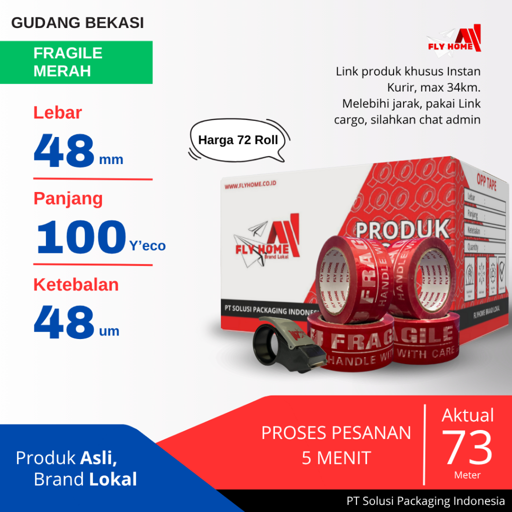 

FLYHOME 1Dus Lakban Fragile Merah 48x100Y 2inci Uk Besar 72Roll ECO 100 Yard INSTAN