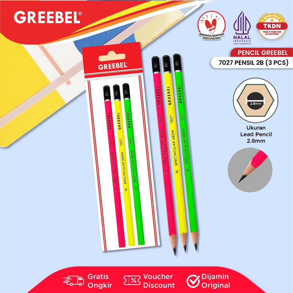 

GREEBEL Pensil Tulis 2B 7027 Neon (3PCS/SET) Pensil Kayu Ujian / Pencil Grafit Graphite / Pensil Gambar