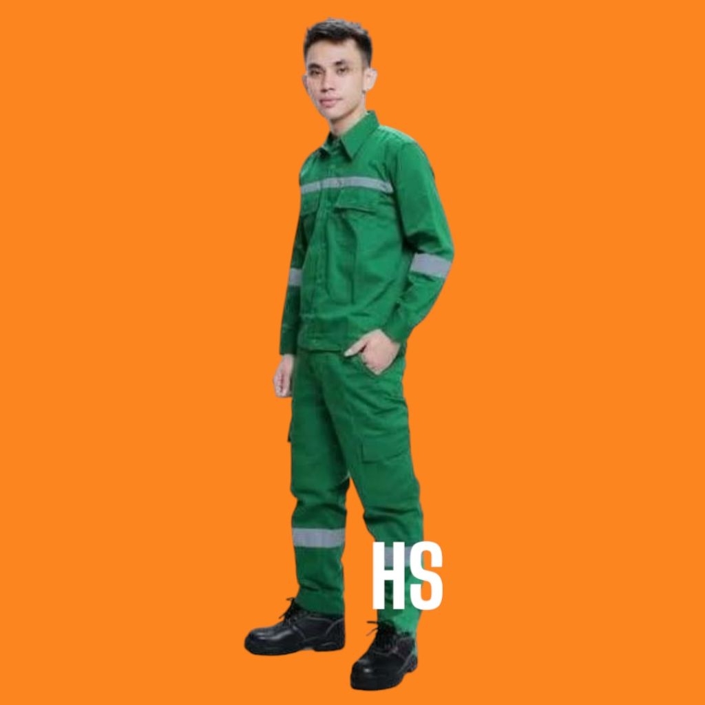 Baju safety kerja proyek setelan celana lengan panjang -Hijau