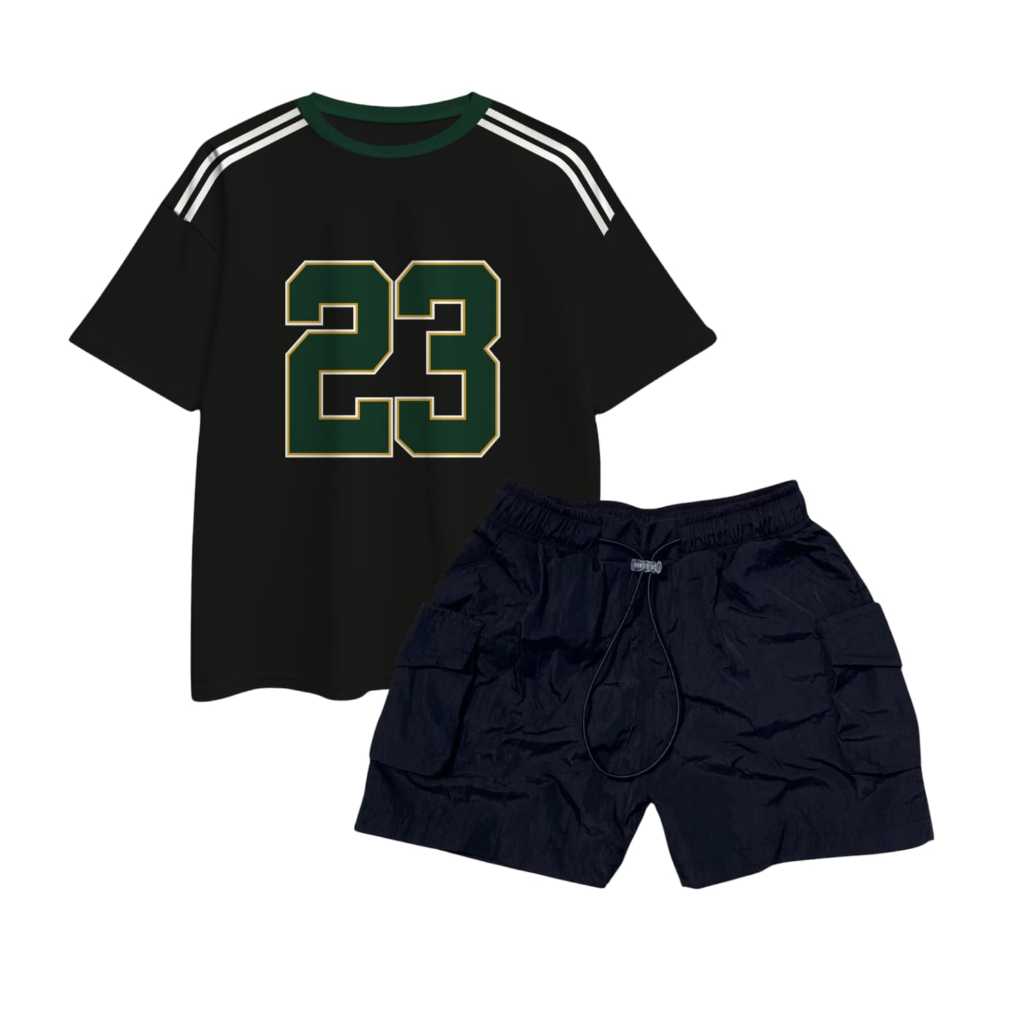 Setelan Baju Bassball Anak denagan Celana Pendek Cargo Anak Bahan Dusky Crinkle -Fashion