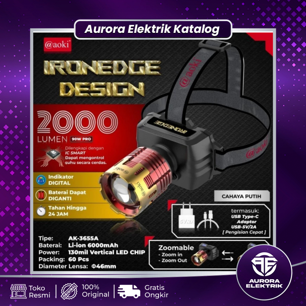Senter Kepala AOKI Ironedge 90 Watt Cahaya Putih
