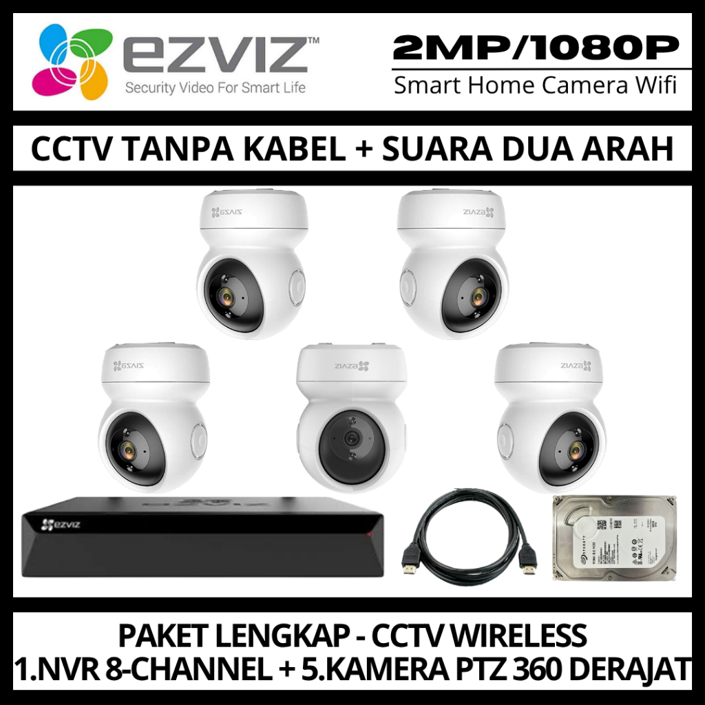 PAKET CCTV EZVIZ 2MP 8 CHANNEL 5 KAMERA WIRELESS