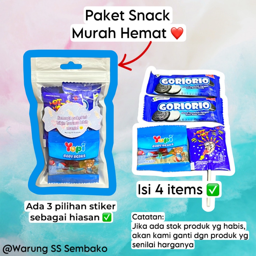 

Paket Snack Murah Mini Gift 2 ribu Jajanan Makanan Cemilan Permen Hadiah Bingkisan Kecil Ucapan Spesial Hiasan Sticker Lucu Ekonomis Hemat Terjangkau