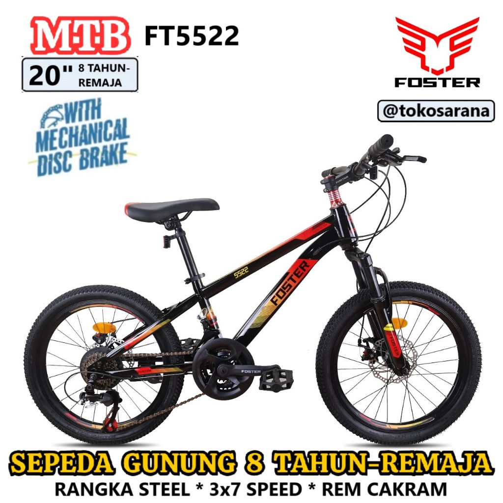 Sepeda Gunung Foster FT5522 MTB 20" Rangka Steel 3x7 Speed Rem Cakram Anak 8 Tahun-Remaja Junior Mou