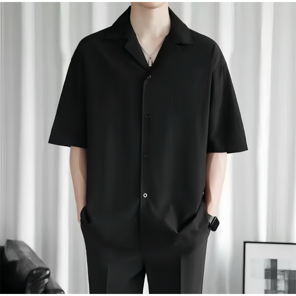 Baju Kemeja Polos Pria Lengan Pendek Kerah V-Neck Korean Style Keren