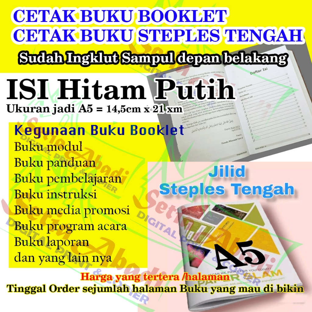 

Cetak Buku A5 Sudah Termasuk Sampul Buku Steples Tengah / Buku Booklet isi hitam putih