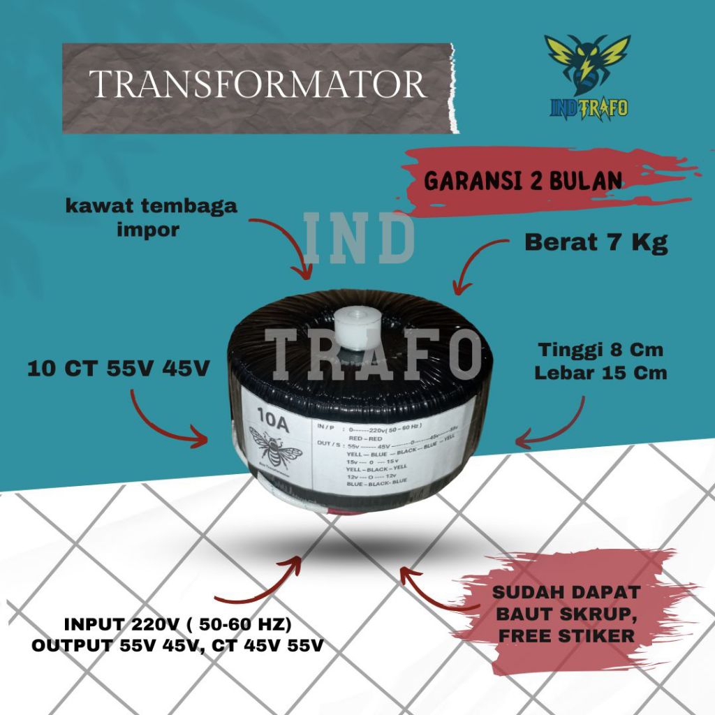 trafo toroid donat 10 ampere ct 55v - 45v