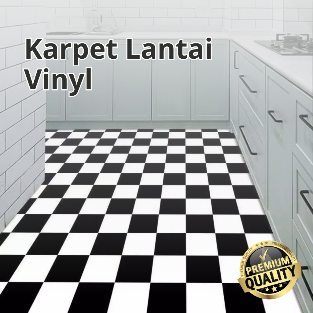 Luxuryparty - Karpet Lantai Vinyl Gulungan Lebar 1,2m 1,5m Motif Catur Hitam Putih Per Meter / Tikar