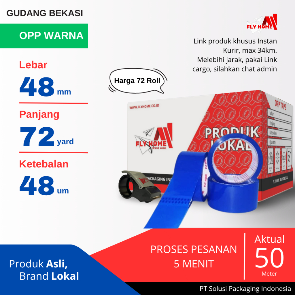 

FLYHOME 1Dus Lakban Warna Biru 48x72Y 2Inchi 72 Yard INSTAN
