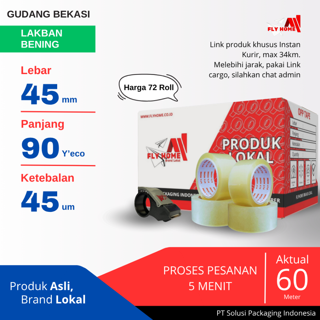 

FLYHOME 1Dus Lakban Bening 45x90Y 2inchi Solasi Uk Besar 72Roll ECO 90 yard INSTAN
