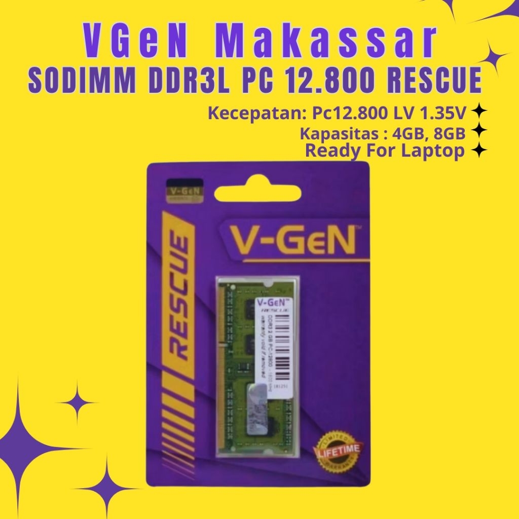 RAM LAPTOP SODIMM DDR3L  4GB, 8GB 1600mhz/ 12.800  RESCUE VGEN ORIGINAL GARANSI SEUMUR HIDUP