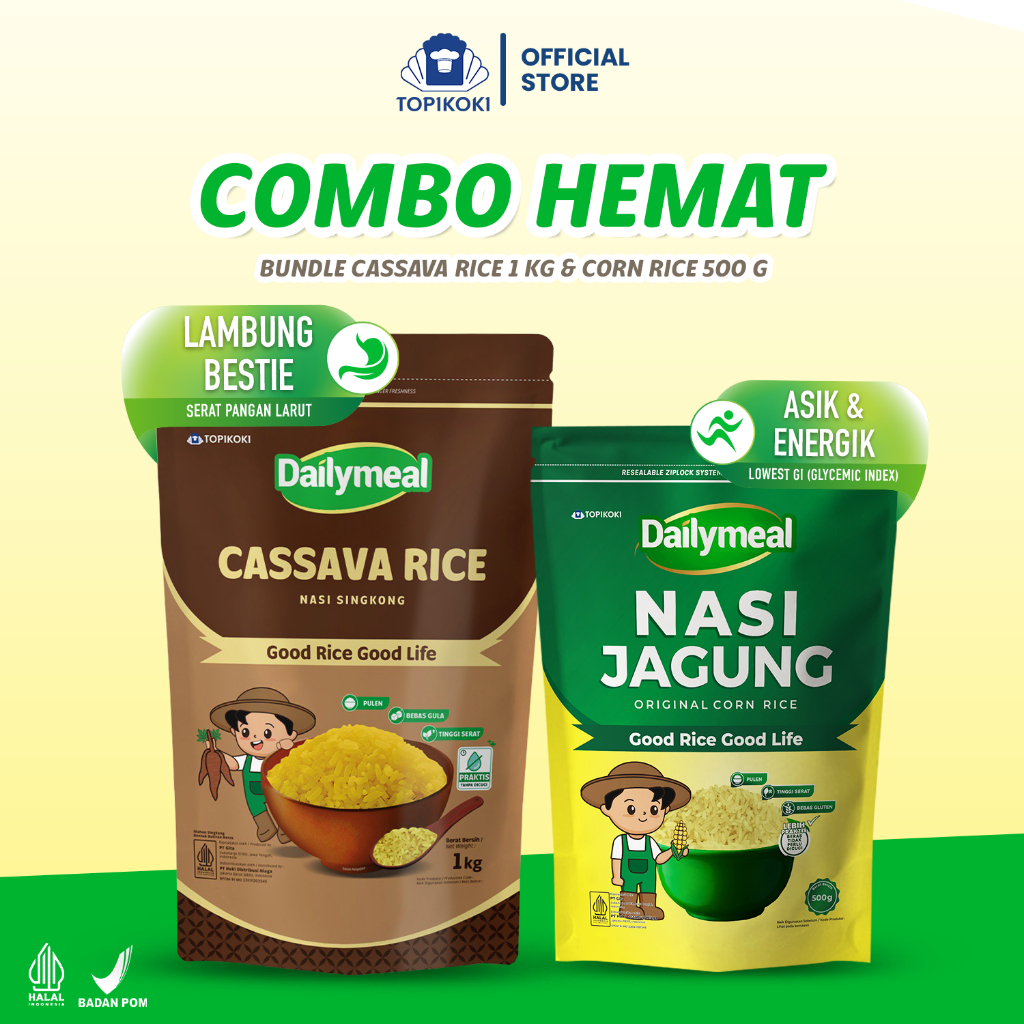 

[Combo Hemat] Dailymeal - Cassava Rice (Nasi Singkong) 1kg & Corn Rice (Nasi Jagung) 500g - Perpaduan Sehat untuk Pola Makan Aktif