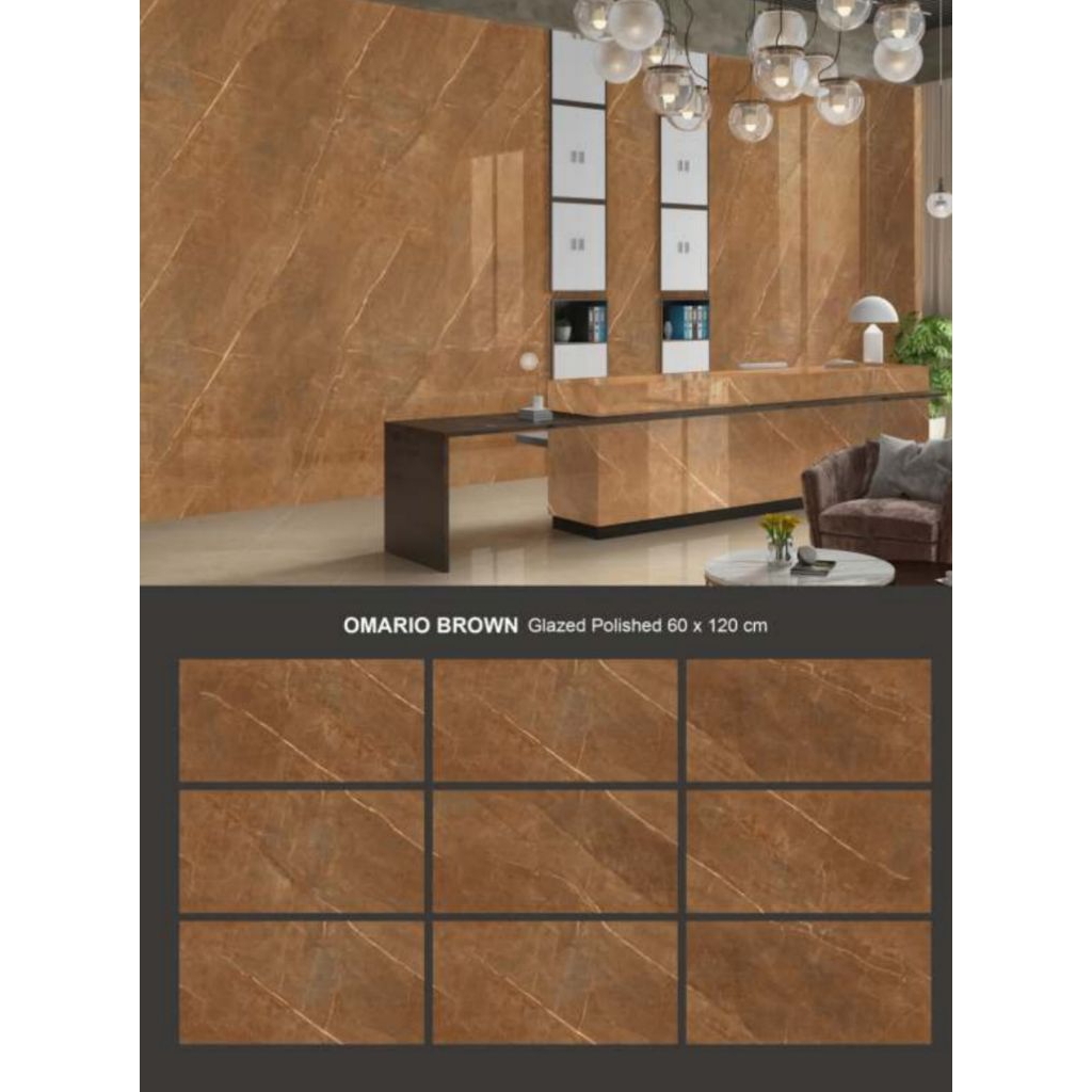 GRANIT MERK VALENTINO GRESS TIPE OMARIO BROWN UKURAN 60X120 PERMUKAAN TEKSTURE GLOSSY GLAZED POLISHE