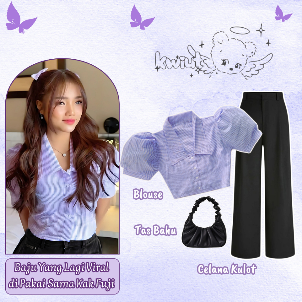 One Set Fuji 3 in 1 | Blouse Puffy Ungu Crop Top + Celana Kulot Jennie Knit  + Tas Bahu Serut Hitam 