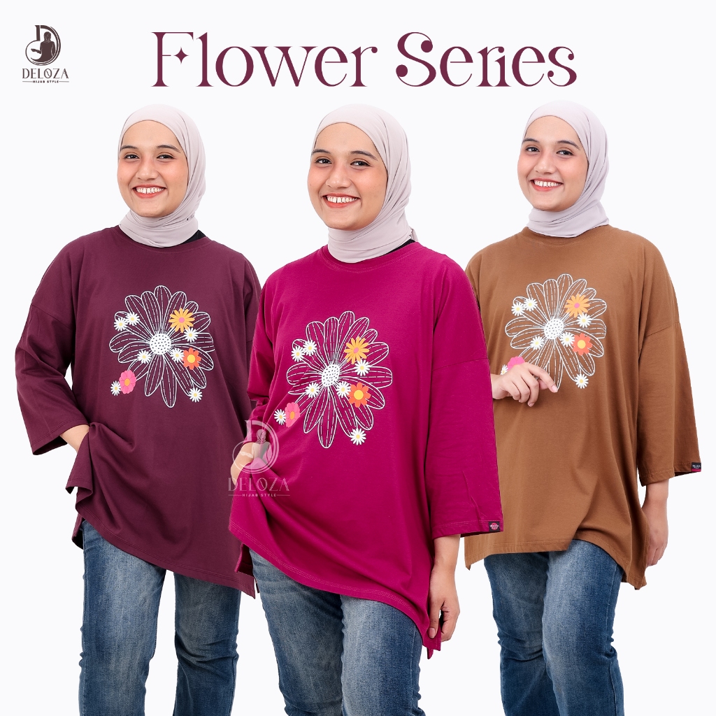 Flower Series Kaos Oversized Motif Bunga Atasan Wanita Korea Terbaru By Deloza