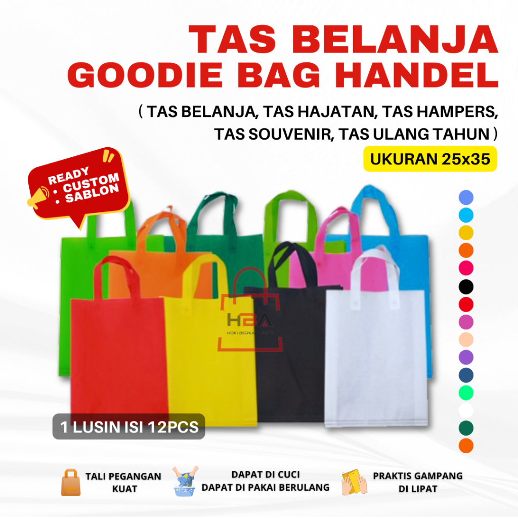 

Goodie Bag 1LUSIN 12PCS Tas Belanja 25 X 35 HANDLE Spunbond Totebag Hampers Ulang Tahun Anak Souvenir Pernikahan KAIN