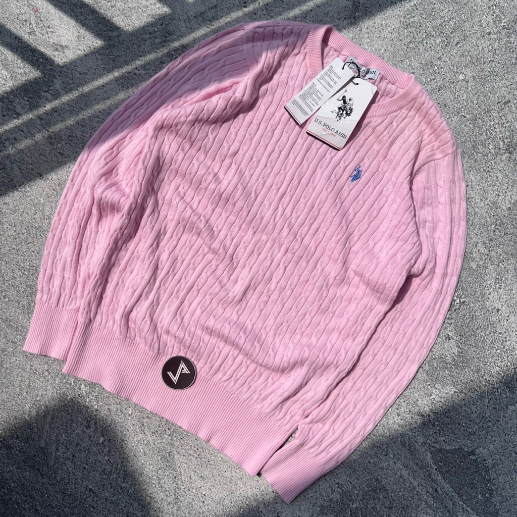 Sweater US Polo Assn USPA Cableknit Rajut Full Kepang Baby Pink