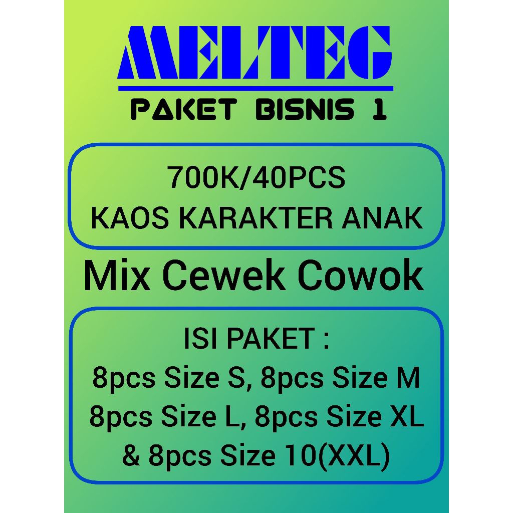 MELTEG Kd 03 Paket Usaha/40Pcs Kaos Anak Junior Unisex Size S M L XL XXL. Fashion Atasan Kaos Baju T