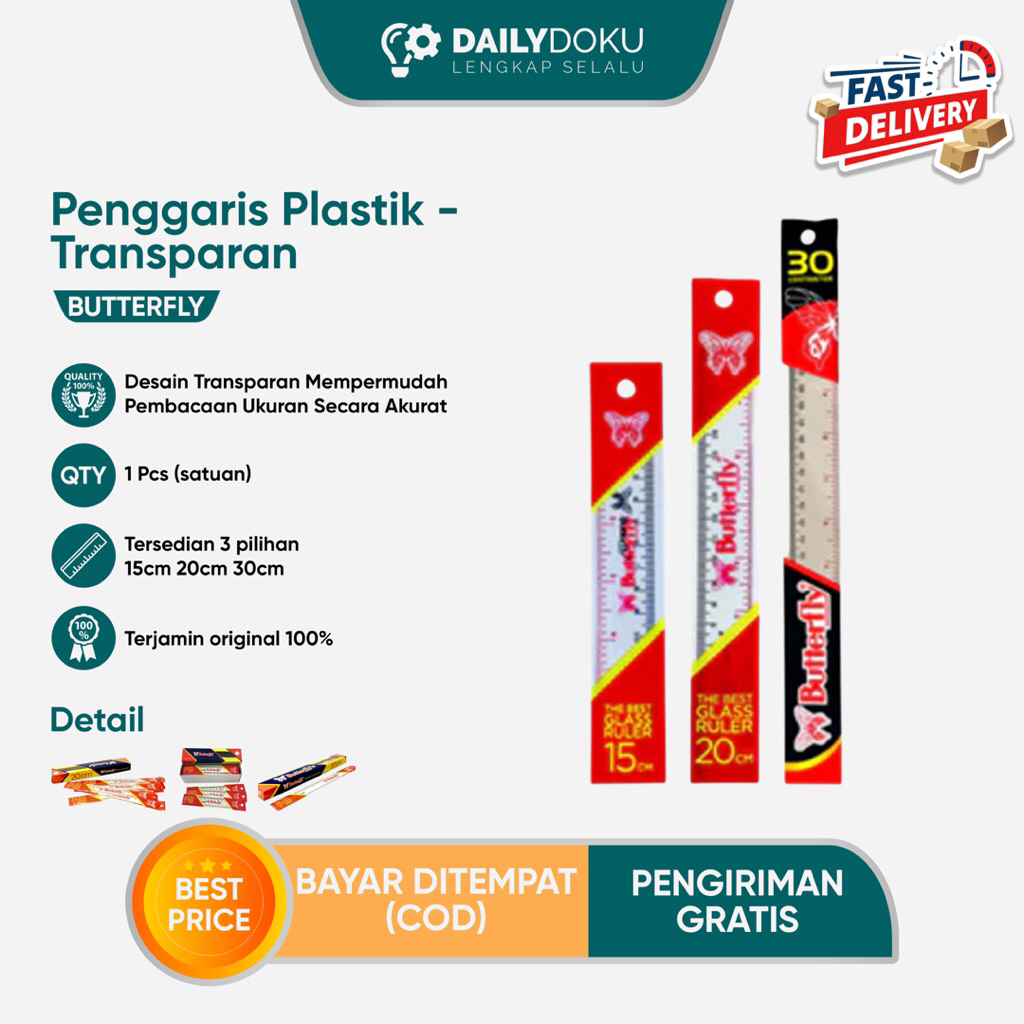 

Penggaris Plastik Butterfly Transparan – Akurat & Anti Pudar