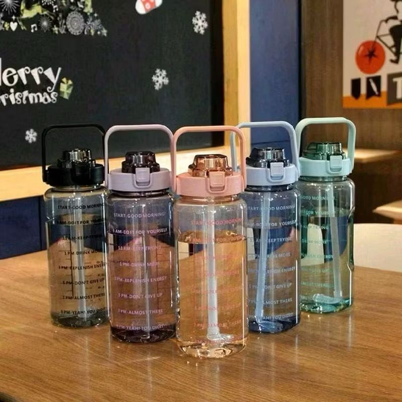 Botol minum Jumbo 2 LITER Motivasi Penanda waktu Tritan Quifit Handle BENING 2000ML - Botol Minum 2L