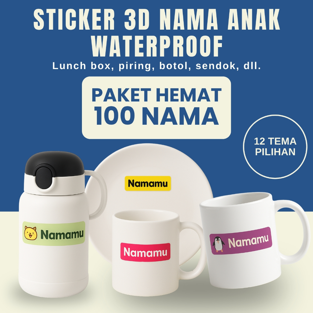 

100 PCS Stiker Perabotan Custom Nama Piring Sendok Botol Gelas timbul waterproof label