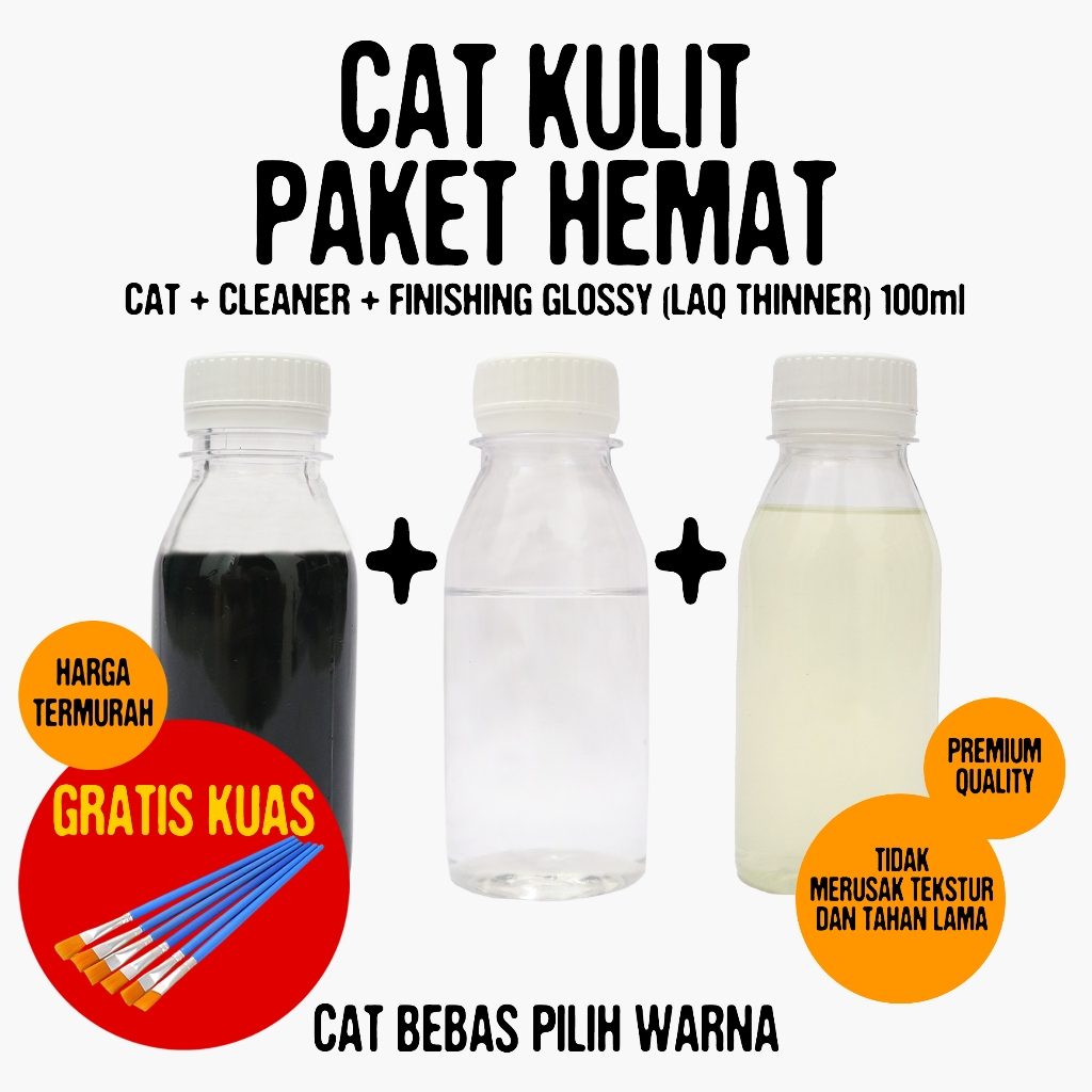 Cat Kulit Paket Hemat - Cat + Cleaner + Finishing Glossy (Laq Thinner) 100ml - Untuk Sepatu, Jaket, 
