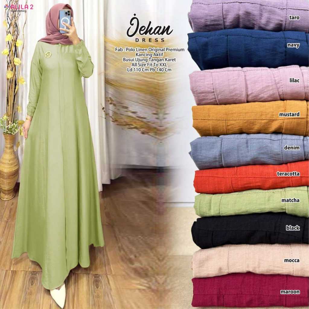 Jehan Baju Gamis Dress Polo Linen LD 110 Premium Kancing Aktif Polos