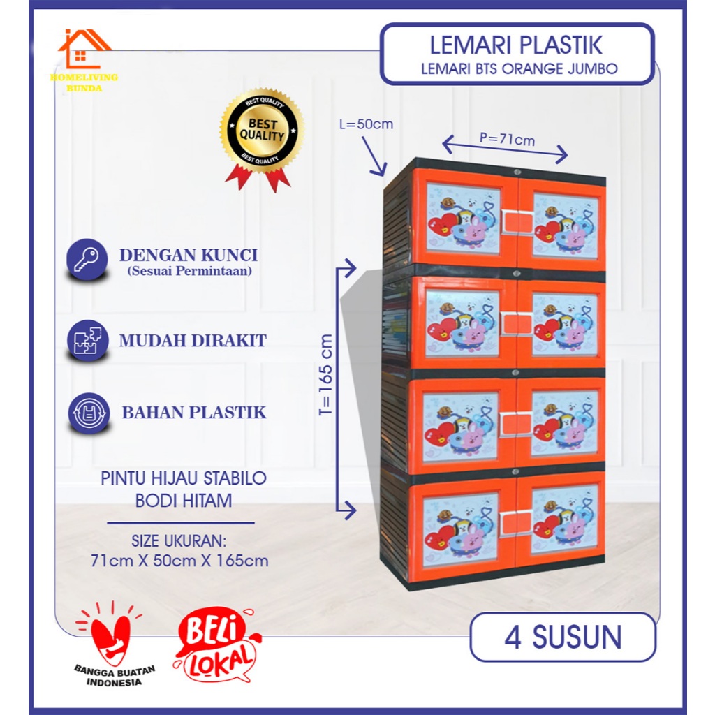 Lemari Plastik / Lemari Pakaian Plastik / Lemari Jumbo Plastik 4 Susun Kunci Motif BTS KUNCI 4 ORANG