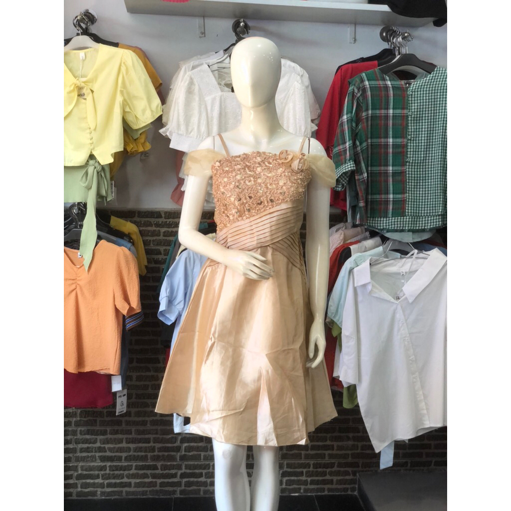 Gaun Pesta Krem Gold Elegan dengan Detail Brokat dan Taffeta