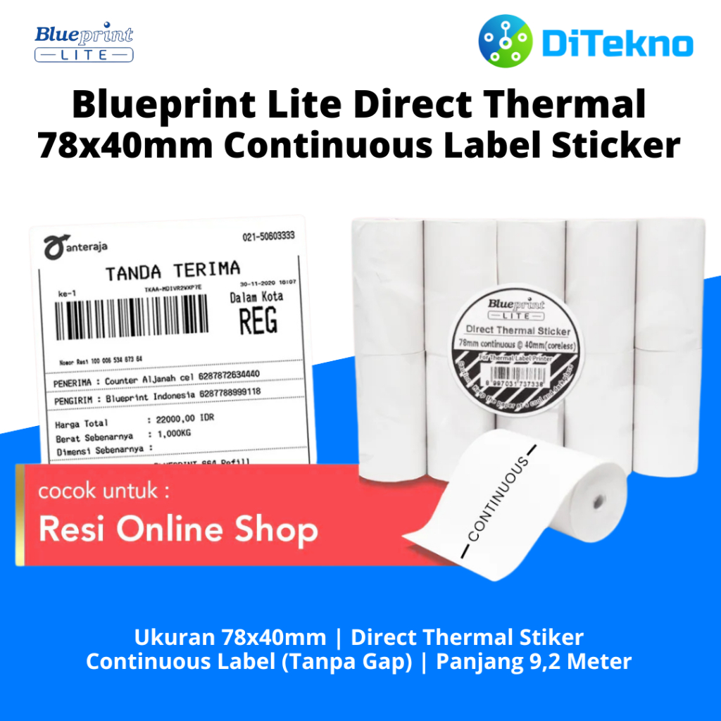 

Blueprint Lite Barcode Direct Thermal 78x40 Continuous Kertas Label Stiker Resi Online