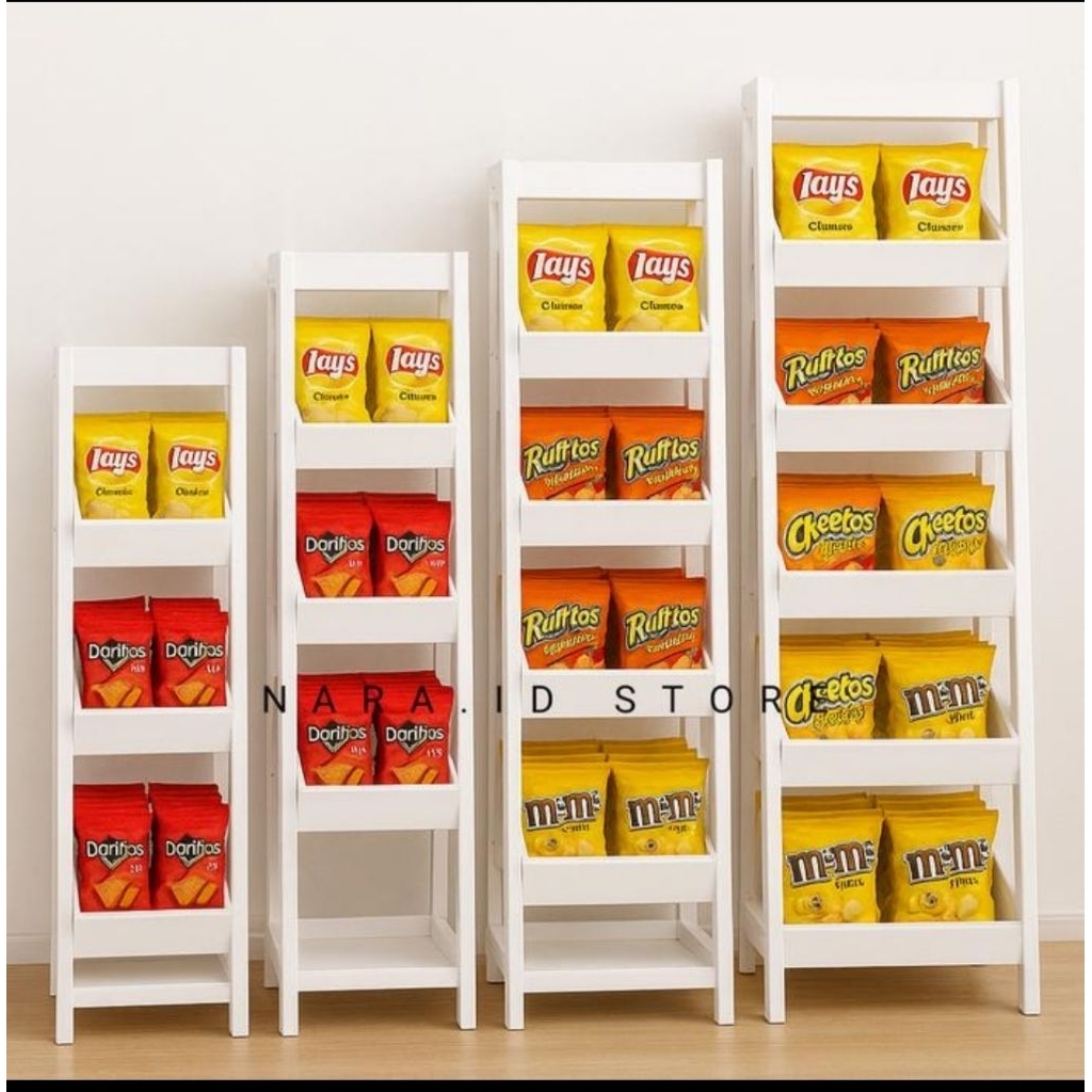Rak kayu display jajanan snack kokoh tingkat susun