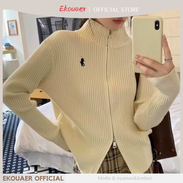 Ekouaer Jaket Rajut Wanita Resleting Double Turtle Neck Rajut Wanita Lengan Panjang Premium