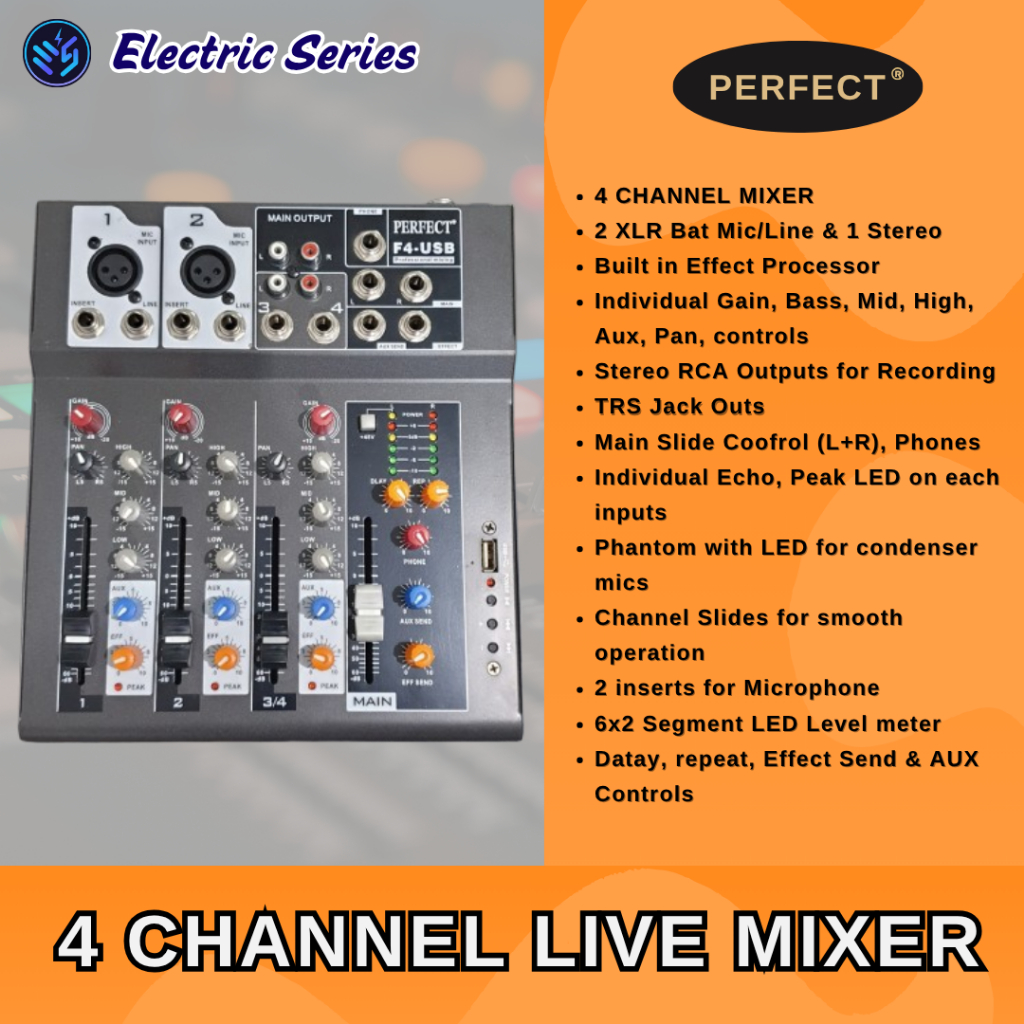 4 Channel Live Mixer Perfect F4USB - Mixer 4 Channel