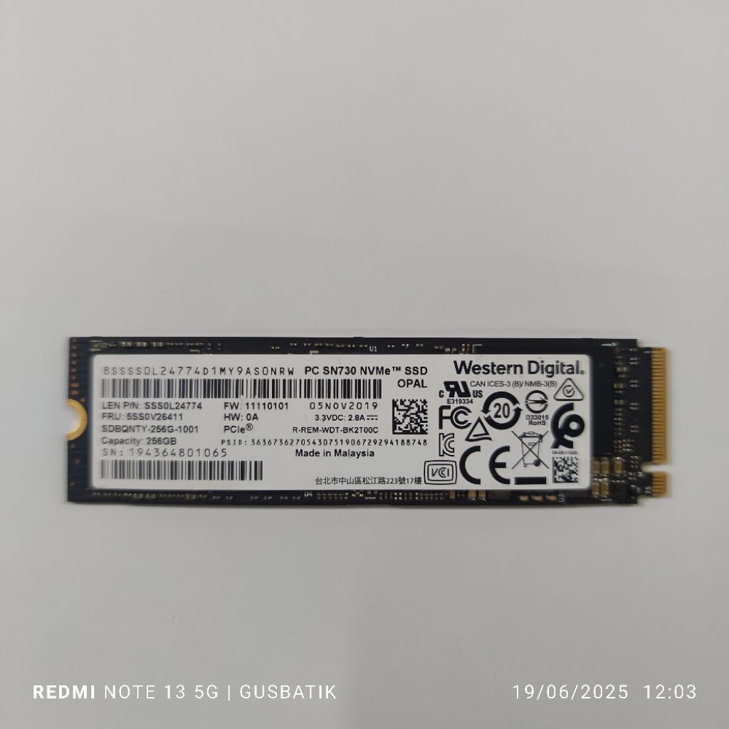 ssd m.2 nvme 2280 256GB 256 GB Western Digital WD SN530 SN720 730 second original