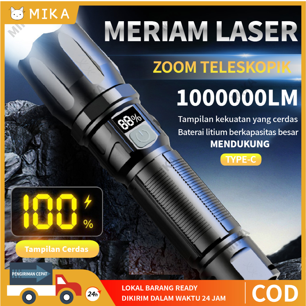 Senter laser putih zoom teleskopik super terang, lampu sorot besar, senter luar ruangan