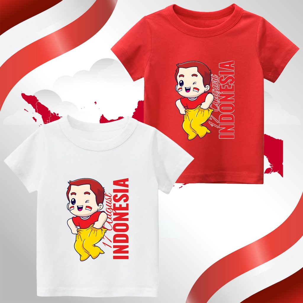 Atasan Baju Kaos Lengan Pendek Anak Gambar INDONESIA MERDEKA 17 AGUSTUS LOMPAT KARUNG Usia 1-11Thn