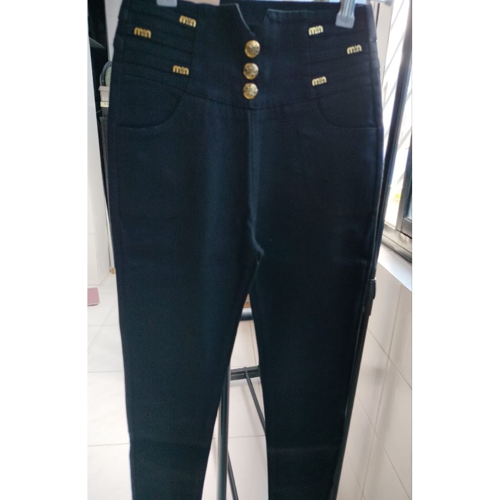 celana denim panjang full karet wanita hitam