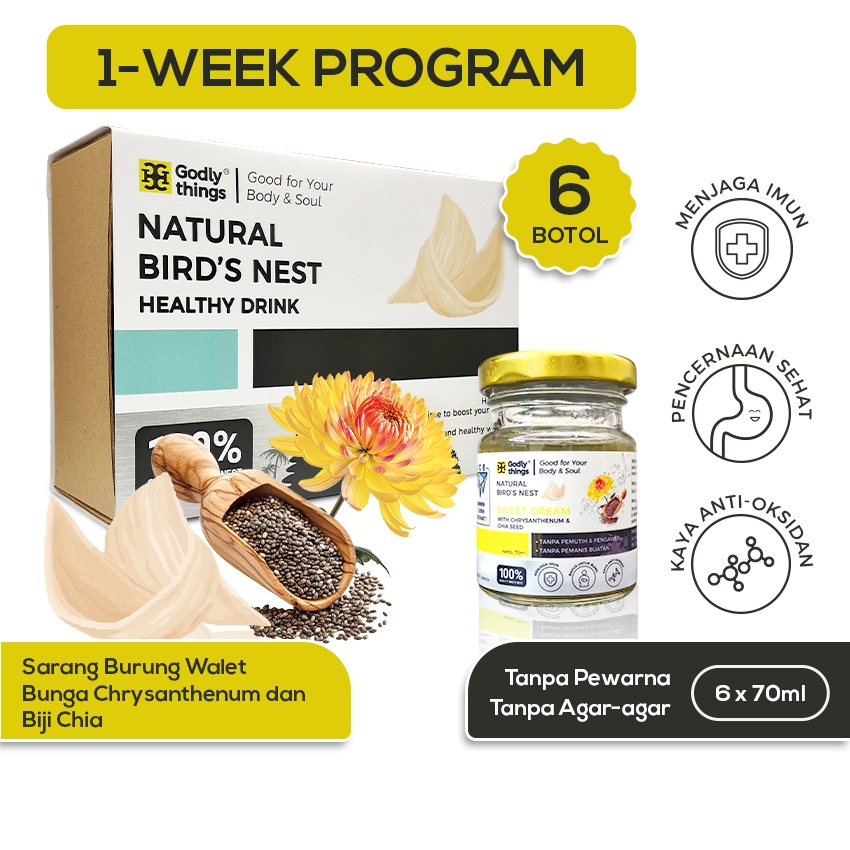 

Godlythings | Minuman Sarang Burung Walet Bird's Nest Drink | Varian Sweet Dream dengan Tambahan Bunga Chrysanthenum dan Biji Chia | Menjaga Imun, Menjaga Pencernaan Sehat dan Kaya Anti-Oksidan | Tanpa Pewarna Pengawet Dan Pemanis Buatan