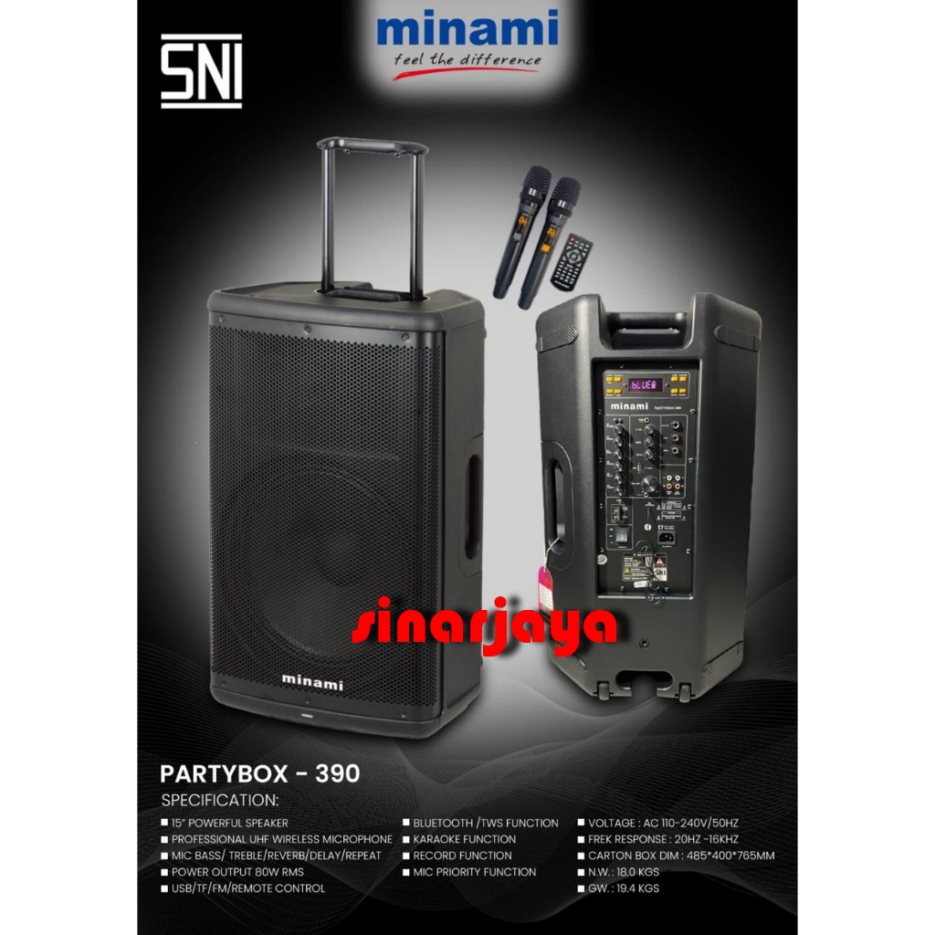 SPEAKER PORTABLE MINAMI PARTYBOX 390 / PARTYBOX -390 / PARTYBOX390 PREMIUM 2 MIC UHF ORIGINAL MINAMI